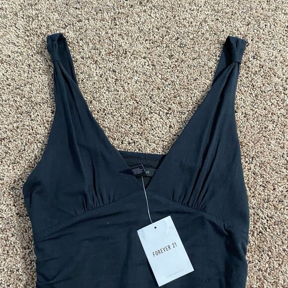 NWT Forever 21 Black Ruched Bodycon Dress Size Small Women’s V Neck - Picture 3 of 5